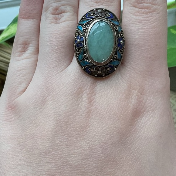 Vintage Chinese Export Jade Enamel Floral Adjustable Ring - Picture 10 of 13